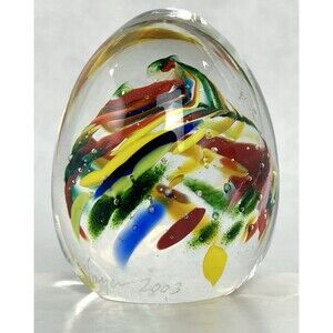 Vintage Hand Blown Paperweight JAMES HAYES Art Glass Egg Shape Swirl